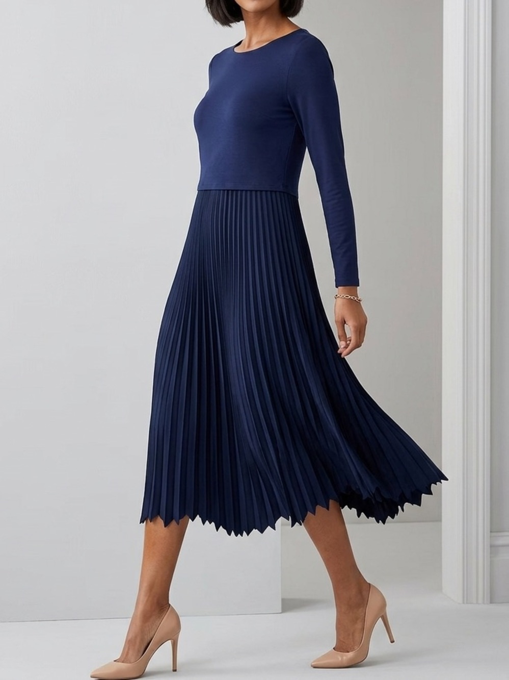 Soft Surroundings Navy Blue Pleated Mock Two Piece Midi Dress Size Medium M🩷